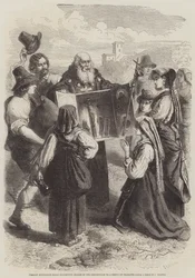 Italialainen sääntökuntamunkki esittelee kuvia ristiinnaulitsemisesta talonpoikien ryhmälle.